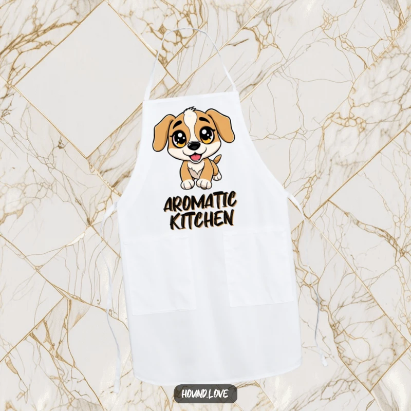 Funny Apron: A hound dog with big, sparkling eyes leaps excitedly towards a scent, perfect for cooking.