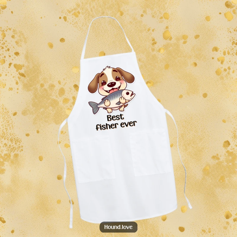 Funny hound with a wide, goofy grin, holding a slippery fish, on an apron, ideal for cooking and bringing humor to the kitchen.