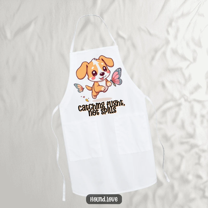 Funny apron with a happy hound character with twinkling eyes chasing a vibrant butterfly with shimmering wings, bringing outdoor whimsy indoors.