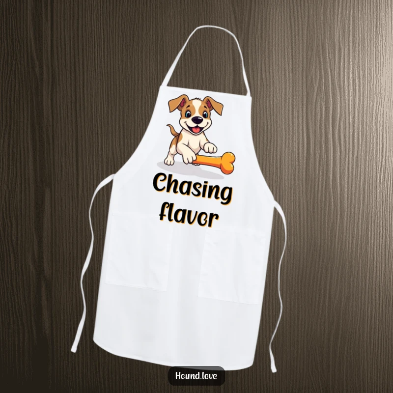 Funny hound apron, a playful dog in a pounce ready to fetch a rolling bone, humorous kitchen wear.