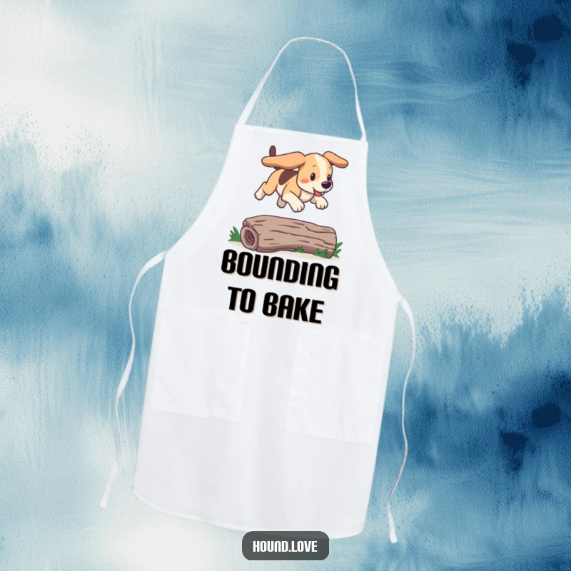 Funny bounding hound apron showing a dog joyfully leaping over a log. A humorous and practical gift.