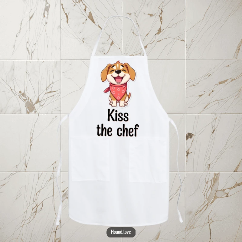 Funny hound apron depicting a delighted dog character winking while wearing an oversized, silly bandana, ideal for humorous kitchen wear.