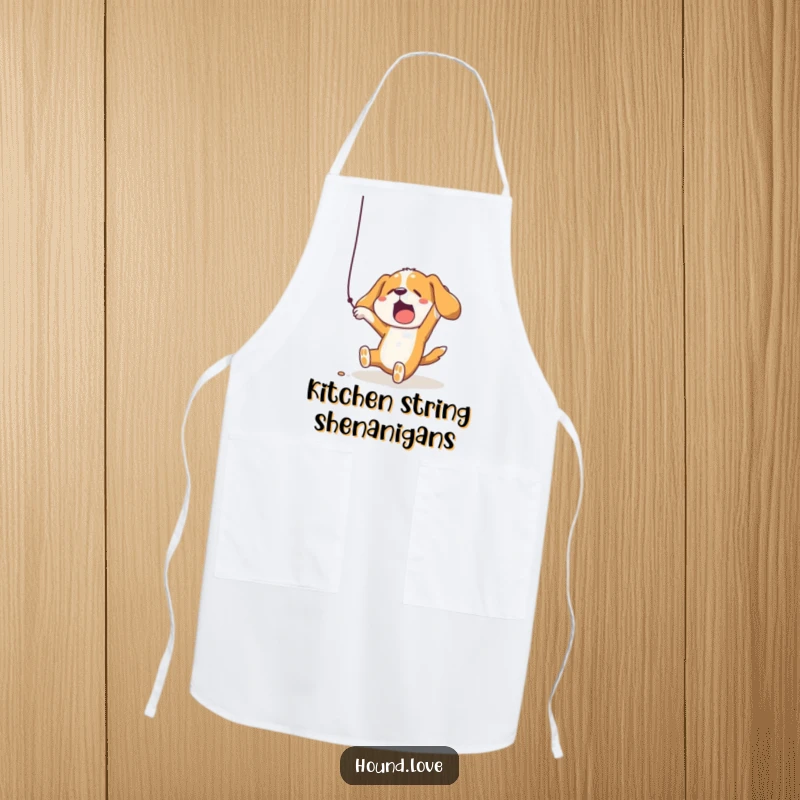 Durable apron showcasing a funny hound dog comically falling while reaching for a dangling string, for humorous kitchen duty.