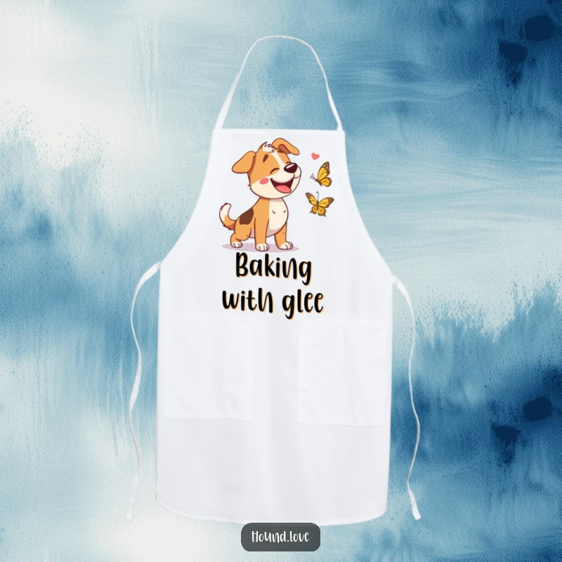 Funny apron with a giggling hound character joyfully pursuing a butterfly, adding a humorous and lighthearted touch to kitchen activities.