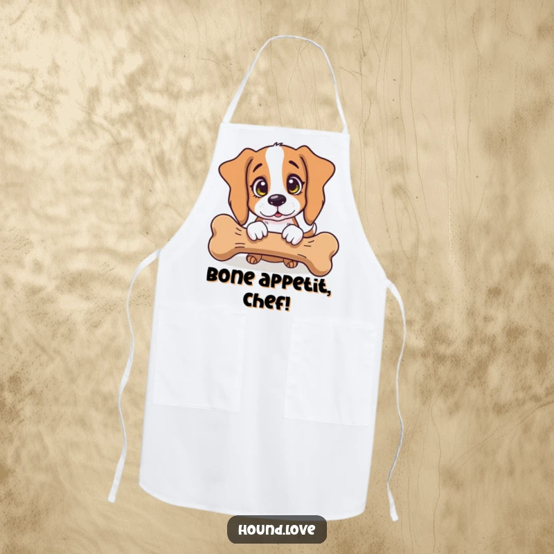 Funny Apron: A hound dog with innocent eyes watching a giant bone, ready for kitchen antics and humorous cooking.