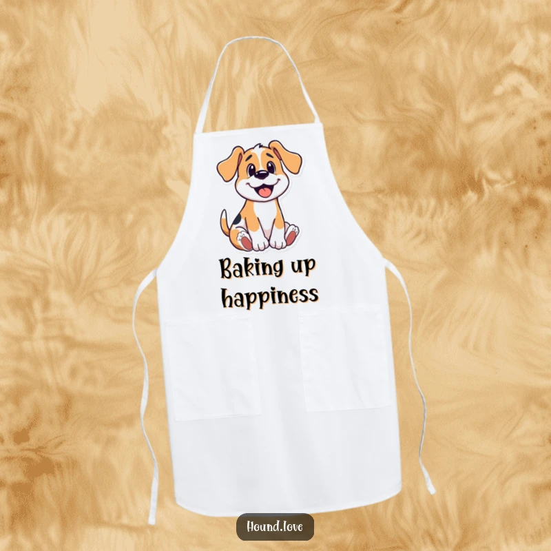 Funny apron depicting a happy hound dog in a playful wriggle, ideal for kitchen activities and spreading cheer.