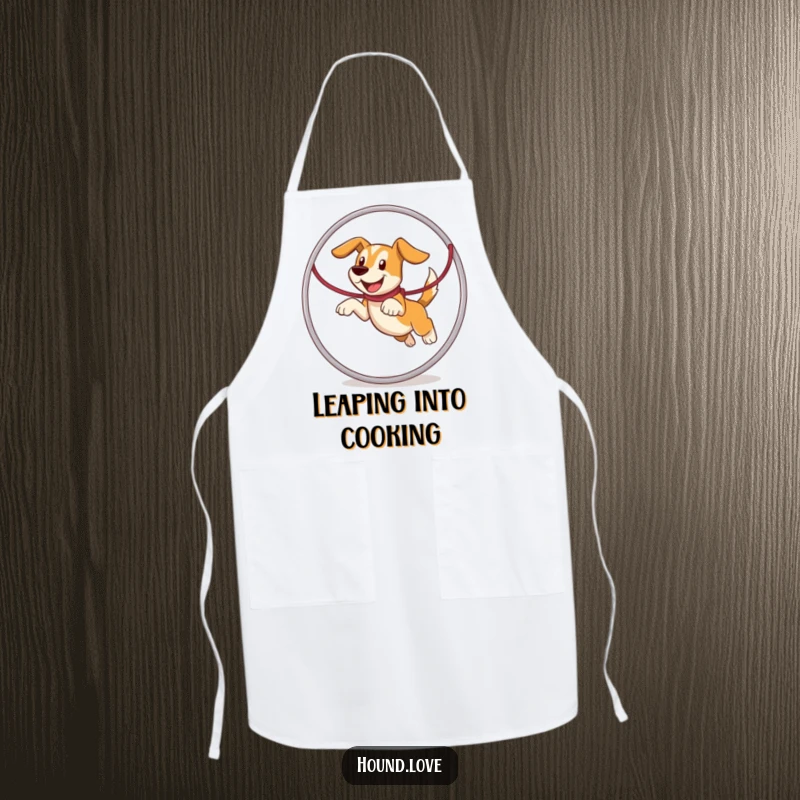 Funny hound character leaping through a leash hoop, bringing humor and personality to this practical kitchen apron.