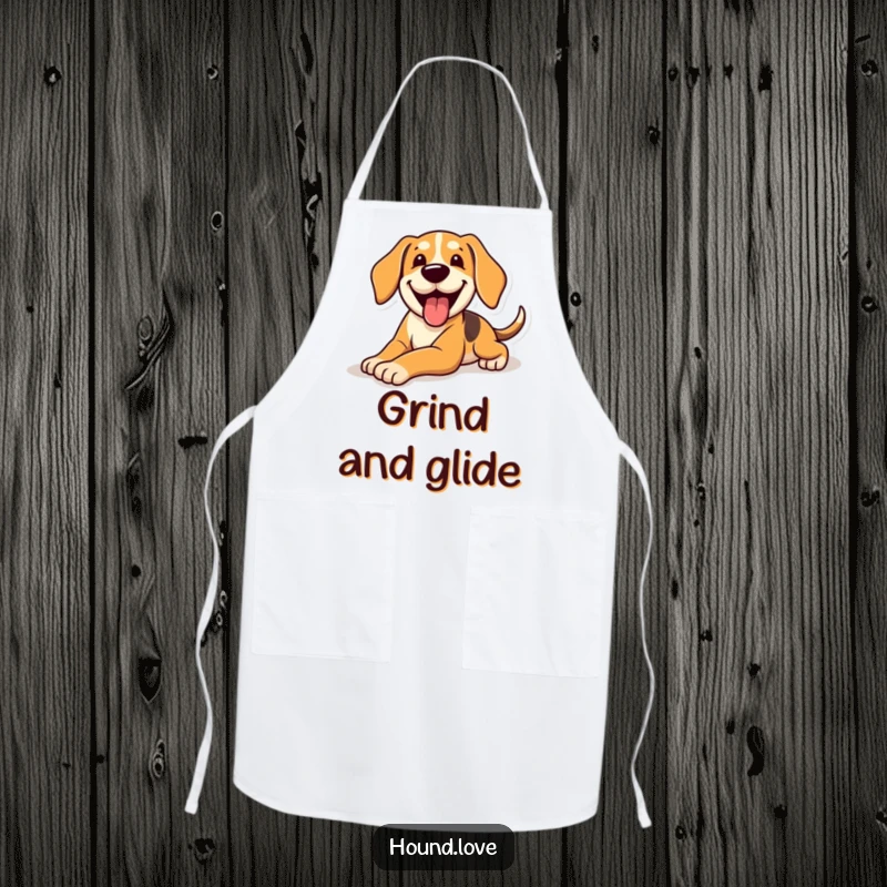 Funny Apron featuring a happy hound dog sliding across a floor, a humorous design for kitchen adventures.