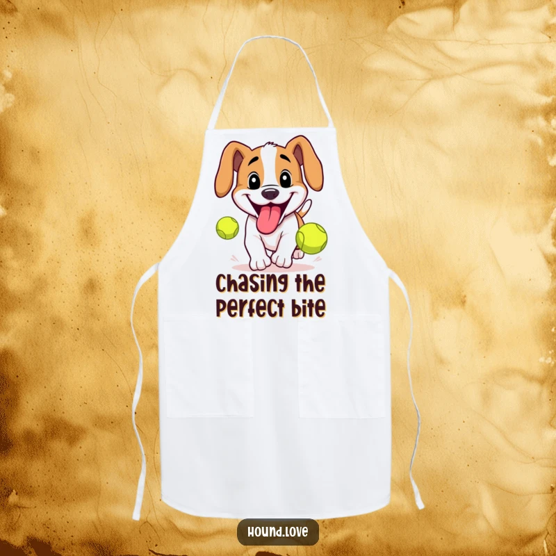 Funny Hound Apron: Happy hound chasing a tennis ball, perfect for a humorous kitchen accessory, funny gift.