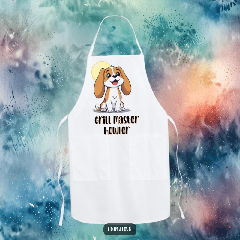 Funny hound with long, floppy ears, joyfully baying at the moon, on an apron, ideal for cooking and bringing humor to the kitchen.