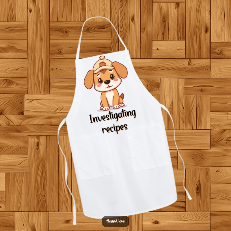 Funny Apron: A cute hound in a detective hat strikes a curious pose, ready for kitchen investigations.
