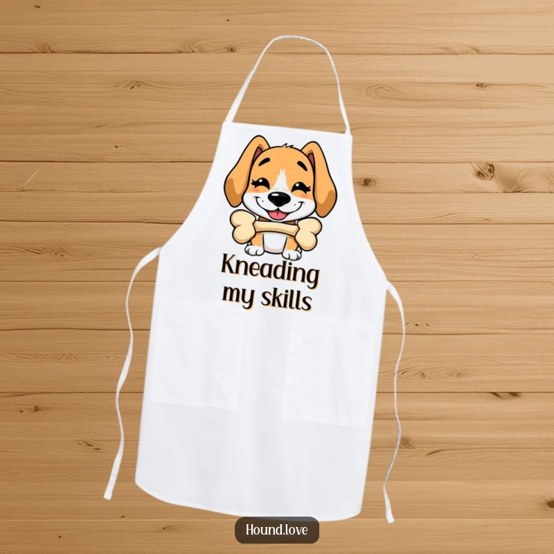 Funny apron showcasing a silly hound with a grin balancing a bone on its nose, perfect for adding humor to cooking.