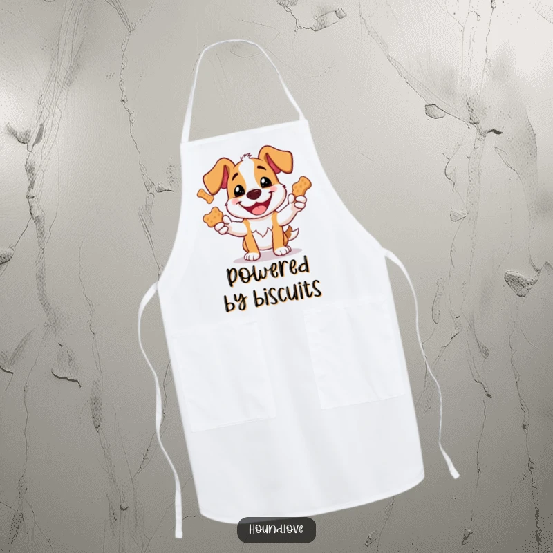 Funny apron shows a dog eagerly juggling large dog biscuits while cooking, ideal for a humorous chef.