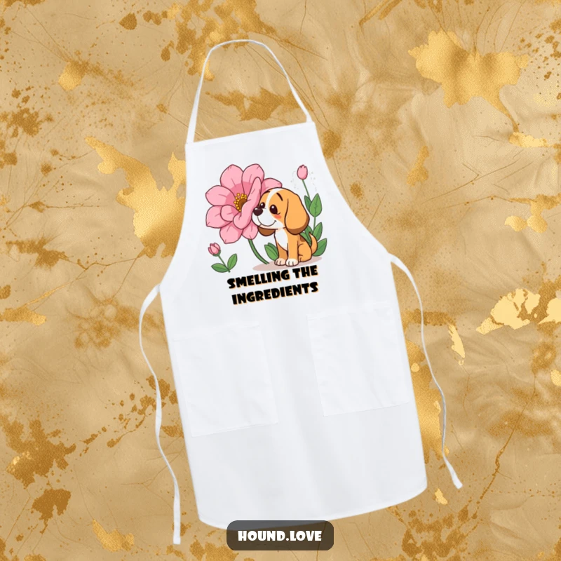 Funny Apron: A hound character blissfully sniffing a giant, fragrant flower, a comical and charming addition to any kitchen or garden.