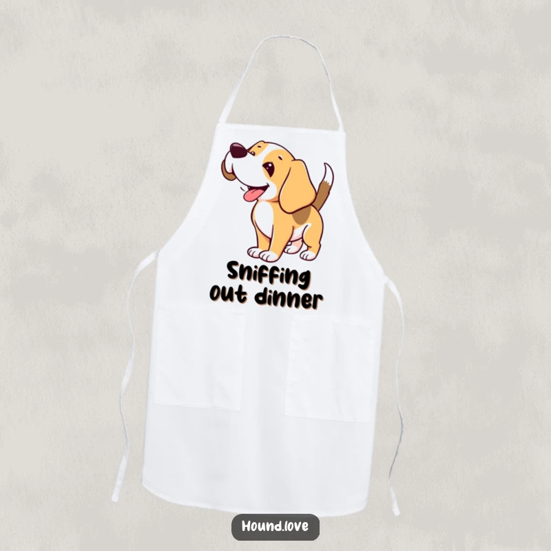 Funny Hound Apron: Happy hound sniffing the air, perfect for a humorous kitchen accessory, funny gift.