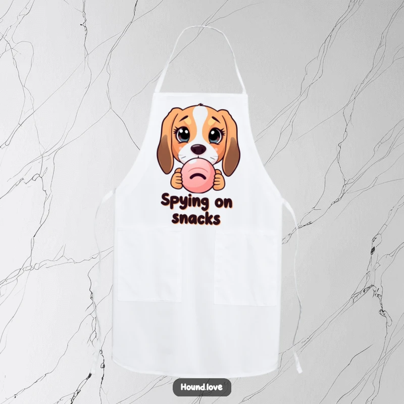Durable apron showcasing a funny hound dog with enormous, curious eyes peeking from behind a squeaky toy, for adorable kitchen duty.
