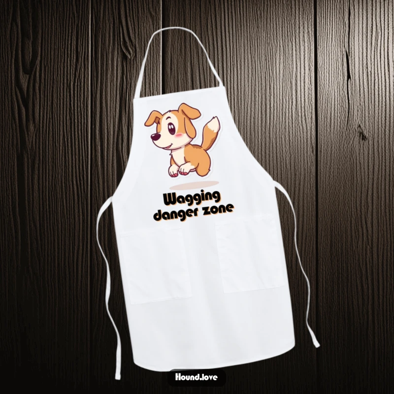Funny hound apron depicting a surprised dog character leaping back from its wagging tail, ideal for humorous and protective kitchen wear.