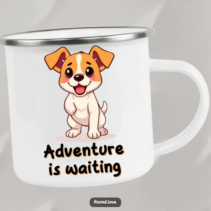 Funny Camping Mug: An excited hound, ready for adventure, sitting beside a campfire, embodying outdoor fun.