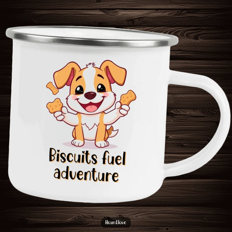 Funny camping mug featuring a happy dog juggling oversized dog biscuits, perfect for outdoor humor.