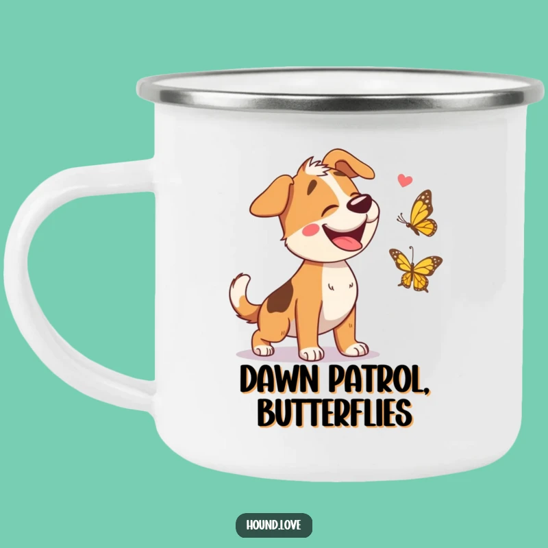 Funny Hound Chasing Butterfly Camping Mug: Adventure-Ready with Hilarious Pet Humor