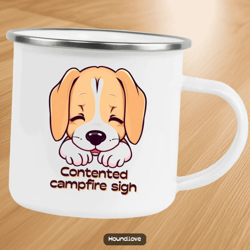 Funny camping mug showing a hound dog resting its chin with a contented sigh, perfect for adventurers seeking calm.