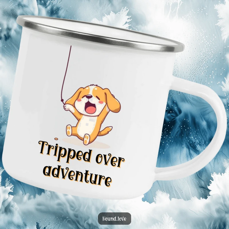 Sturdy camping mug featuring a funny hound dog comically falling while reaching for a dangling string, ready for outdoor fun.