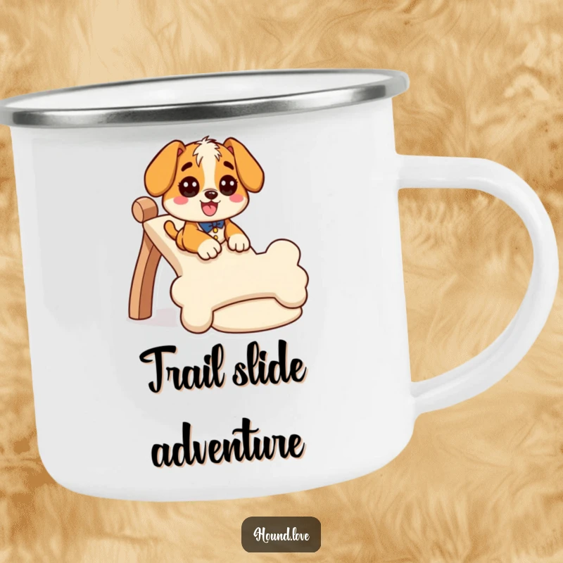 Funny hound camping mug showing a giddy dog character sliding down a wiggly, bone-shaped slide, perfect for humorous outdoor use.