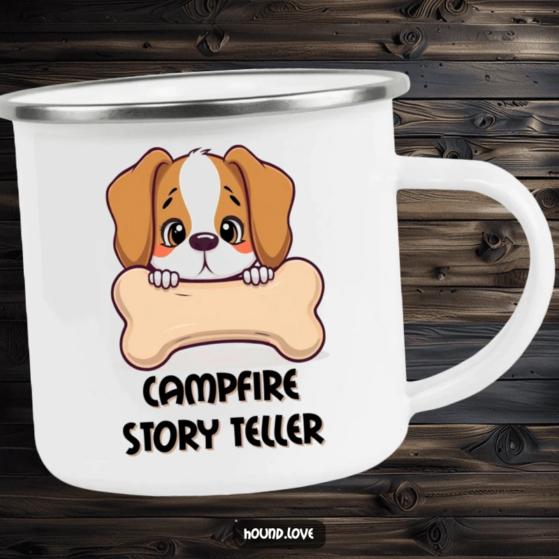 Funny hound peeking with curiosity from behind a giant, talking bone, on a durable camping mug, perfect for humorous outdoor adventures.