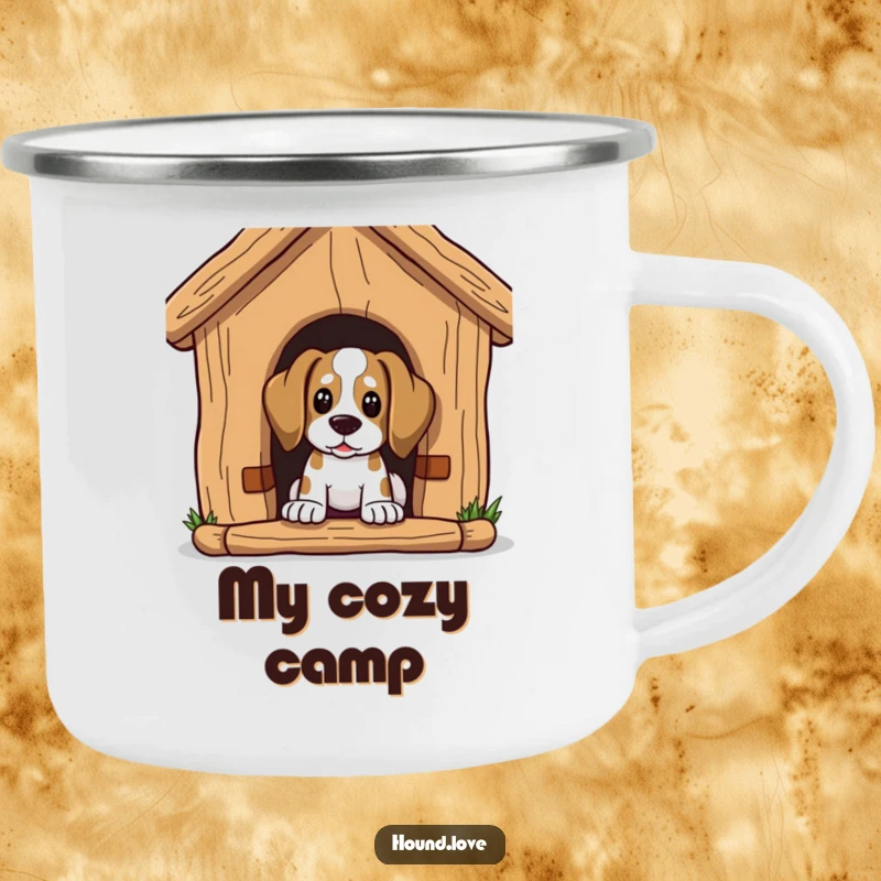 Funny Camping Mug: Hound character peeks curiously from a large dog house, ideal for outdoor exploration.
