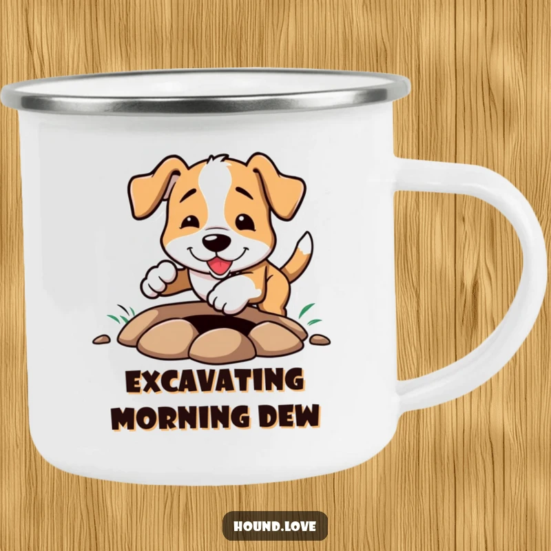 Funny Camping Mug: A happy hound digging a hole with great enthusiasm, dirt scattering, perfect for outdoor adventures and dog lovers.