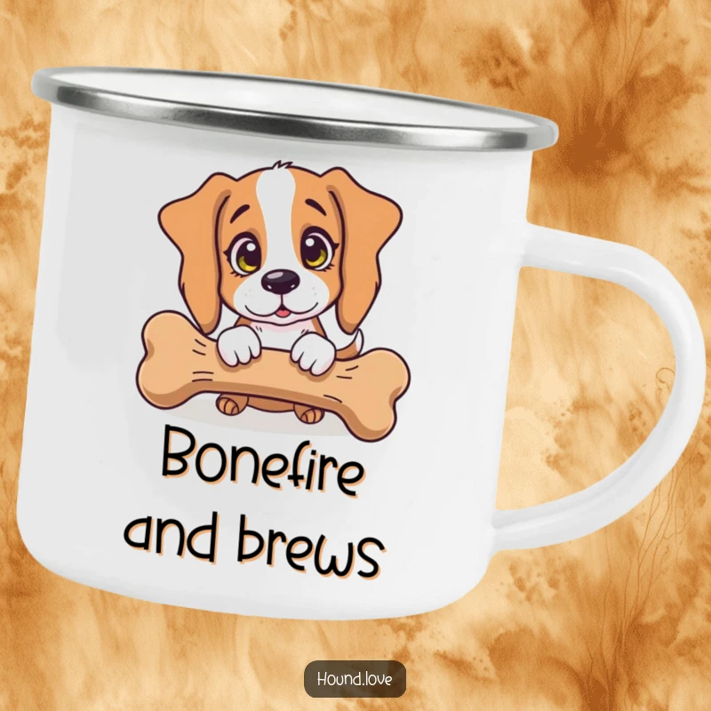 Funny Camping Mug: A hound dog with innocent eyes gazing at a giant bone, ready for outdoor adventures and humor.