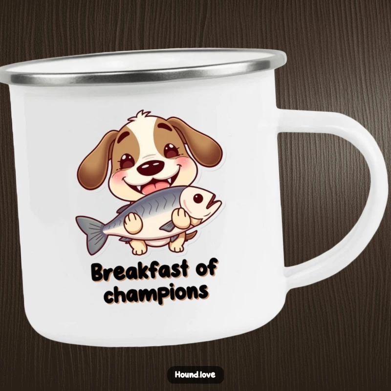 Funny hound with a wide, goofy grin, holding a slippery fish, on a durable camping mug, perfect for humorous outdoor adventures.