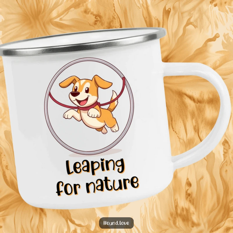Funny hound character leaping through a leash hoop, designed for outdoor fun on this durable and humorous camping mug.