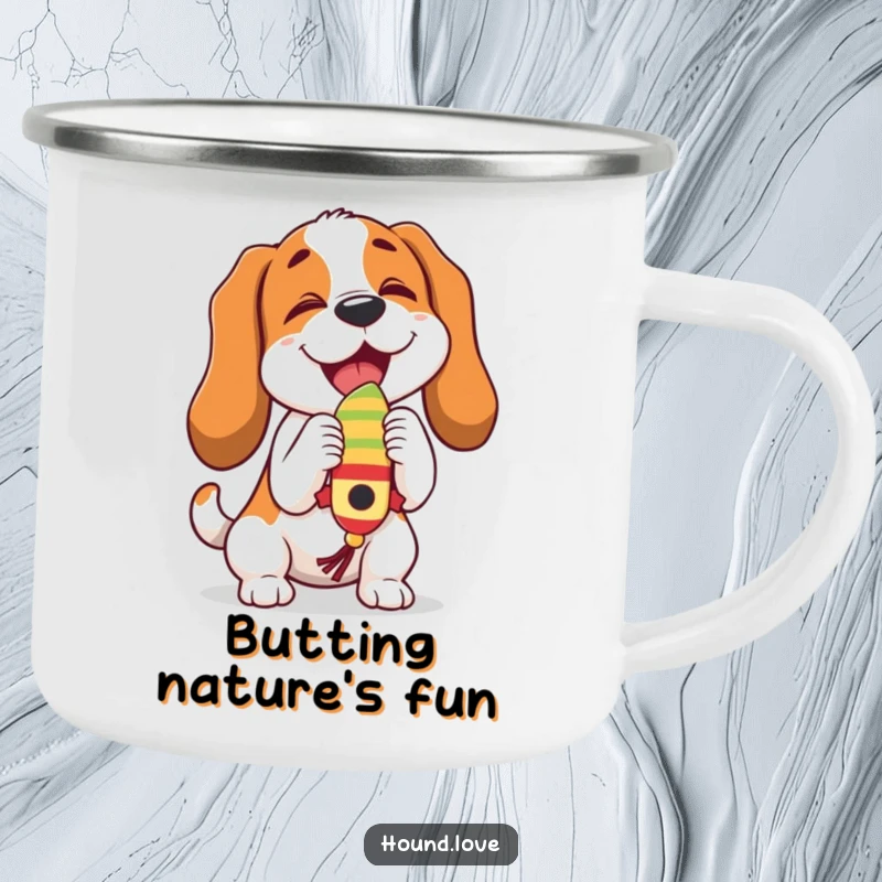 Funny hound character joyfully butting a wiggling toy, designed for outdoor fun on this durable and humorous camping mug.
