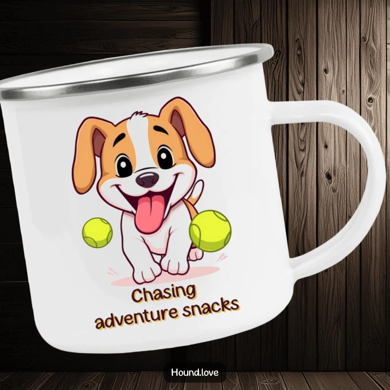 Funny Hound Camp Mug: Hound chasing a tennis ball, durable and humorous for outdoor use, a great funny gift.