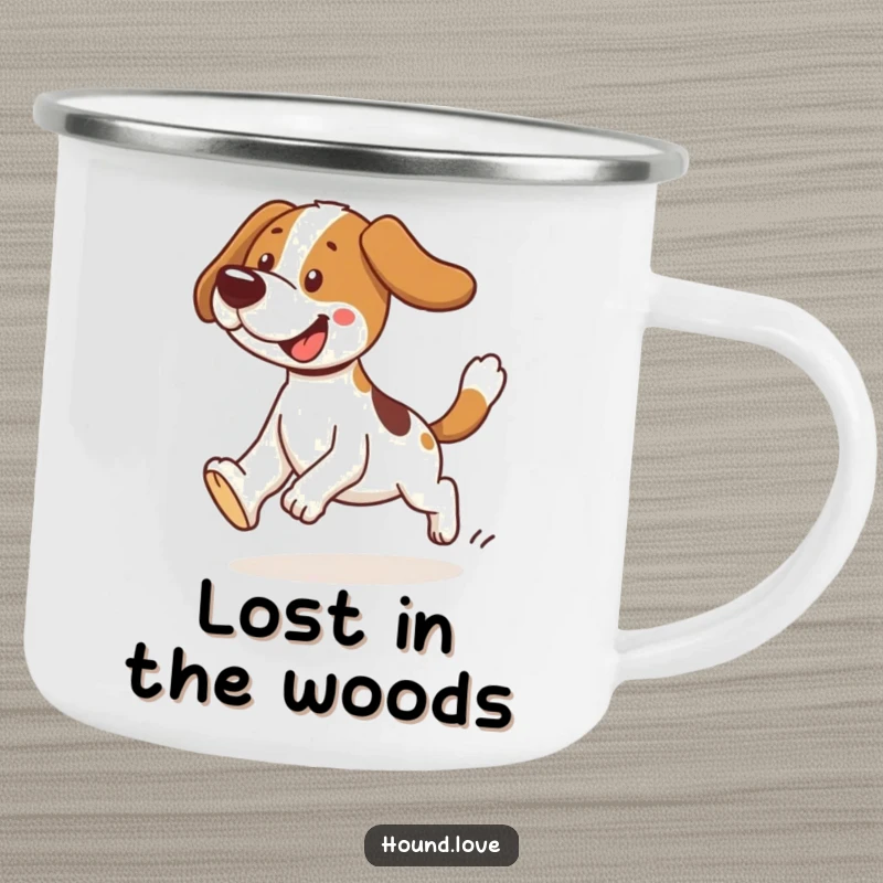 Funny tripping hound camping mug showing a dog hilariously tripping while chasing its tail. A humorous outdoor gift.