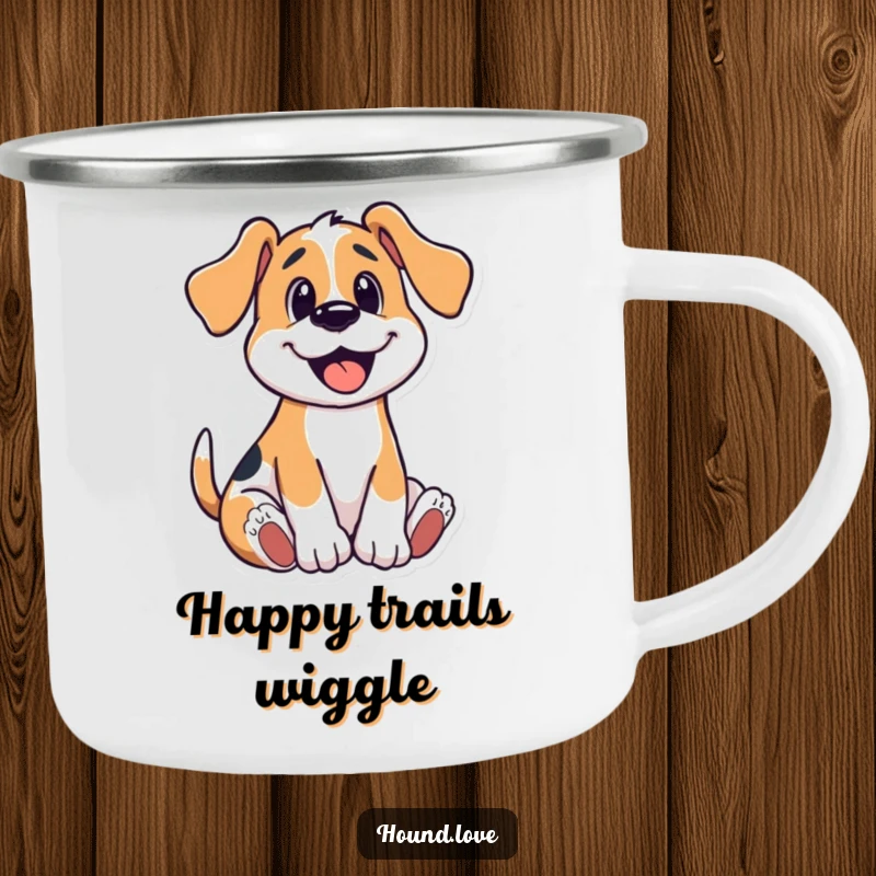 Funny camping mug showing a hound dog in a happy, playful wriggle, perfect for adventurers who appreciate humor.