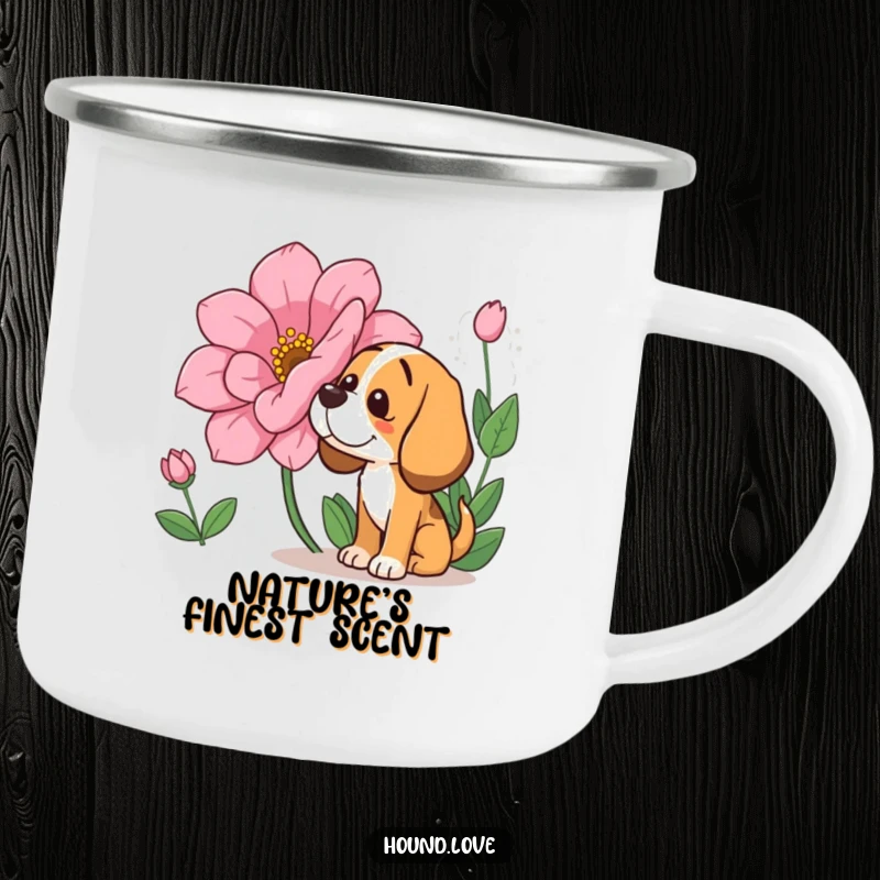 Funny Camping Mug: A content hound enjoying the fragrance of a large flower, a delightful and funny companion for outdoor activities.