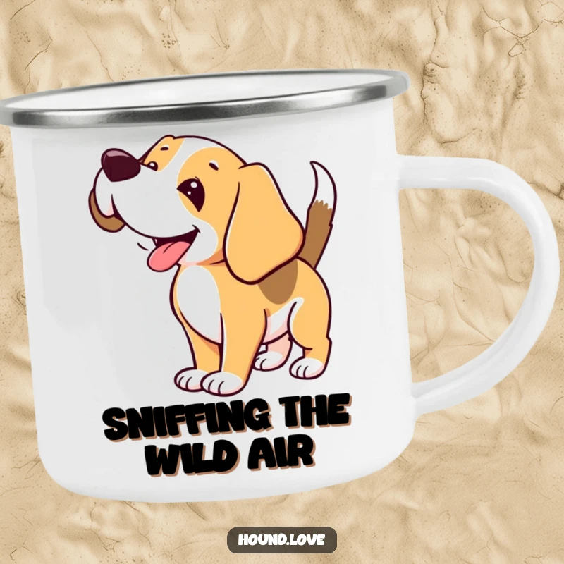 Funny Hound Camp Mug: Happy hound sniffing the air, durable and humorous for outdoor use, a great funny gift.
