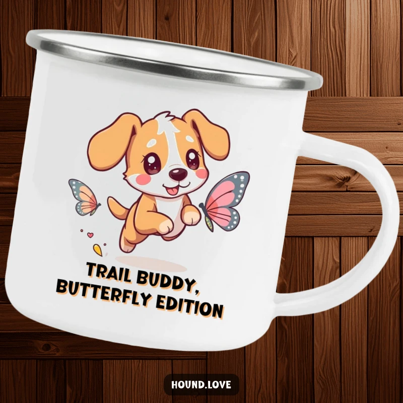 Funny camping mug featuring a joyful hound dog character with twinkling eyes chasing a delicate butterfly with shimmering wings, ready for the trail.
