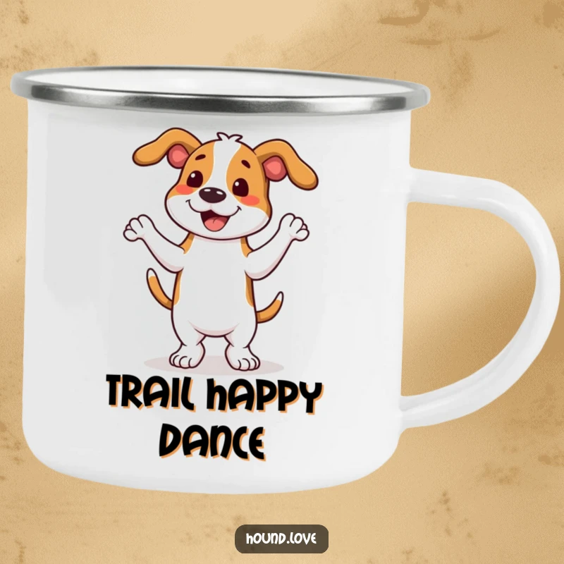Sturdy camping mug featuring a funny hound dog doing a full-body wiggle dance, ready for outdoor fun and happy drinks.