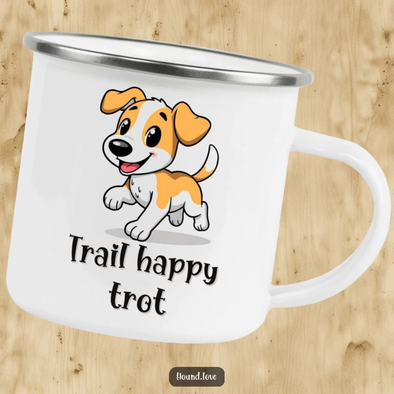 Funny camping mug featuring a happy hound dog in a comical trot, tail wagging, durable enamelware, perfect funny gift for campers.