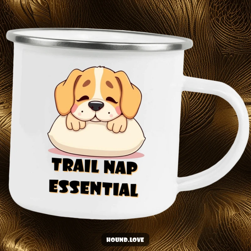 Funny hound camping mug, a contented dog resting its snout on a plush pillow, perfect for relaxation.