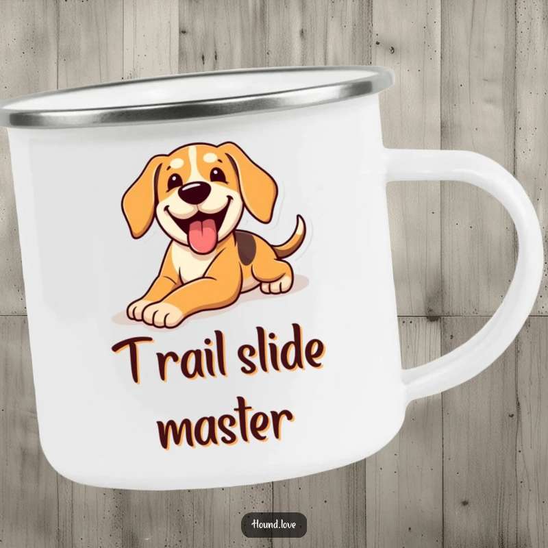 Funny Camping Mug showcasing a happy hound dog sliding playfully, perfect for outdoor enthusiasts who love humor.