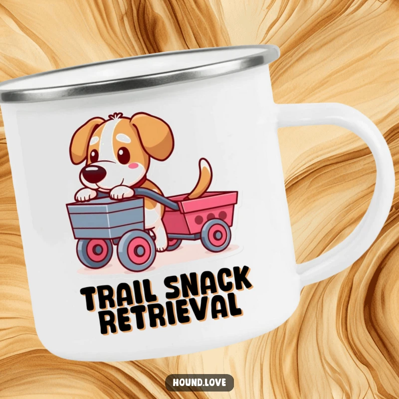 Funny camping mug featuring a determined hound character pulling a toy cart, perfect for outdoor adventures and humorous drinks.