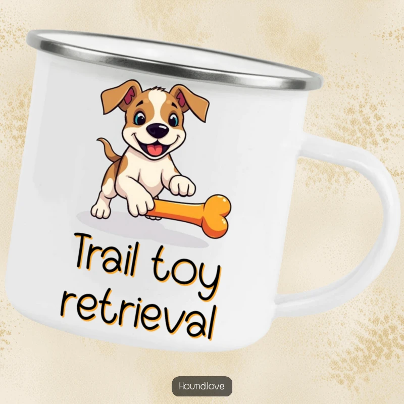 Funny hound camping mug, a playful dog in a pounce ready to fetch a rolling bone, for active adventures.