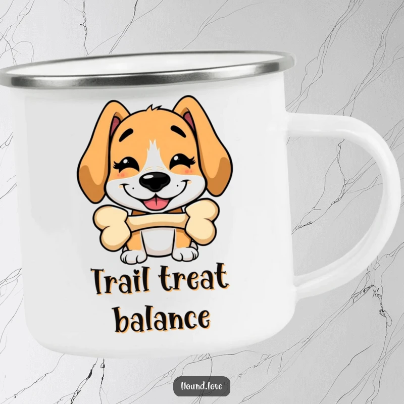 Funny camping mug featuring a silly hound balancing a bone on its nose, designed for outdoor enthusiasts who love dogs.
