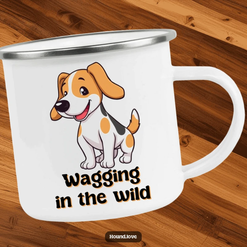 Funny hound dog camping mug showing a dog wagging its tail. A humorous and durable gift for outdoor enthusiasts.