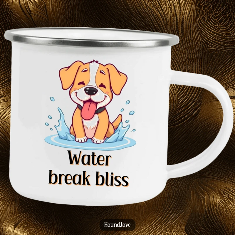 Funny hound camping mug, a goofy dog panting with its tongue out, enjoying a cool water splash, for adventures.