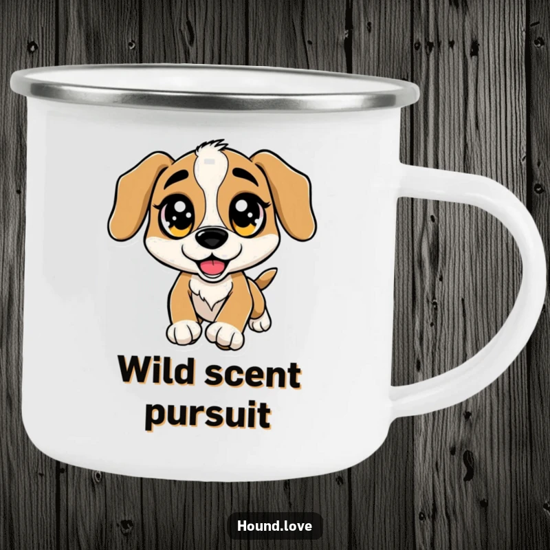Funny Camping Mug: A hound dog with huge, sparkling eyes leaps excitedly towards a scent, ready for camping.